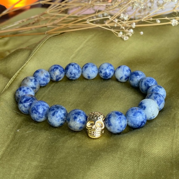 Blue Dumortierite Gemstone Bracelet With Gold Skull Charm - Picture 2 of 5